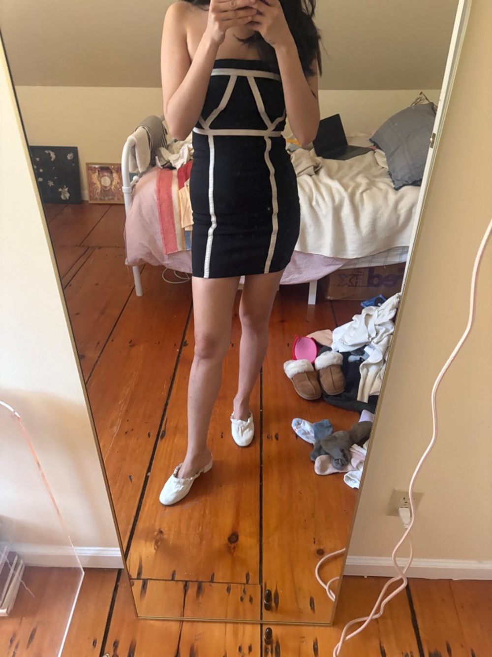 Lipsy Black Strapless Mini Dress with White Contrast Trim
